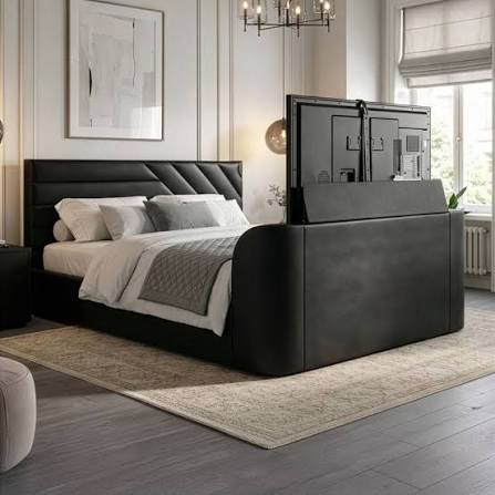 Chicago Black Leather Ottoman Storage TV Bed | Happy Beds