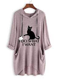 Print Cat Ear Hooded Side Pockets Sweatshirt Casual Shirt Women Stylish Shirts Womens Shirts