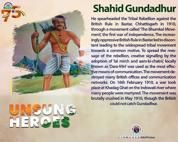 Our #UnsungHeroes Shahid Gundadhur spearheaded the Tribal Rebellion against the British Rule in Bastar, Chhattisgarh in 1910, through a movement called 'The Bhumkal Movement'.