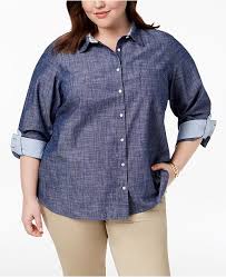 Plus Size Cotton Chambray Roll Sleeve Shirt Created For Macys