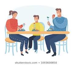 Vector Cartoon Illustration Of Family Take Meal Around Table Happy Daddy Mom And Their Son Sitting Together On Lunch In H Dibujo Vectorial Illustration Fotos