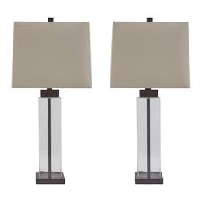 Another spot for a modern table lamp: Glass And Metal Base Table Lamp With Square Shade Set Of 2 Clear And Gray Overstock 31887010