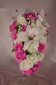 Teardrop cascade bridal bouquet wedding bouquets bride rose wedding flower ivory. Brides Artificial Fuchsia Ivory Rose Teardrop Wedding Bouquet With White Bouquets By Design