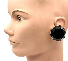 Vtg Signed LES BERNARD Gold tone Faceted Black Octagonal Shape Clip-On  Earrings