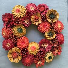 Fall Zinnia Pinecone Wreath Pine Cone Crafts Pine Cone Art Pinecone Wreath
