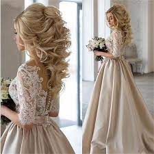 Elegant Champagne Gold Modest Half Sleeve Lace Top A Line Wedding Dress Pd0287 Wedding Dress Champagne Wedding Dresses Simple Satin Wedding Gown