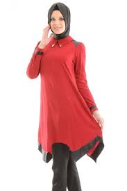 Modesty Deri Detayli Kirmizi Tunik Basortusu Modasi Kadin Kiyafetleri Moda