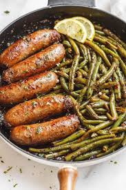 Garlic Butter Sausages With Lemon Green Beans Chicken Sausage Recipes Keto Sausage Recipe Pork Recipes