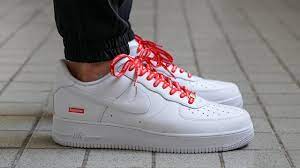 Here is a first look at the supreme x nike air force 1 low flax. Supreme Nike Air Force 1 Review On Feet With Red Supreme Laces Regular White Laces Youtube