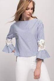 Kadin Mavi Kolu Dantelli Cizgili Bluz Kadin Kiyafetleri Moda Stilleri Trendler