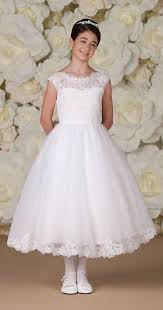 First Communion Dress With Floral Lace Bodice And Hemline Girls First Communion Dresses Tea Length Flower Girl Dress Organza Flower Girl Dress