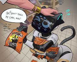 394967 - safe, artist:angusburgers, kerfus, cat, feline, fictional species,  mammal, robot, carrefour, chips, food, furrified, mascot, offscreen  character, petting, poland, solo - Furbooru