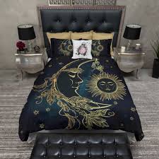 Black And White Moon Duvet Cover Set Boho Midnight Black And Teal With Gold Sun Moon And Stars Bedding Luxurybeddingteal Star Bedding Duvet Bedding Sets Duvet Bedding