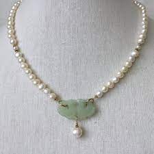Pearl Necklace With Carved Jade Mandarin Ducks On Lotus Leaf Pendant Pearls Jade Carving Beaded Memory Wire Bracelets