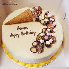 Happy Birthday Cartoon Cake Pictures With Name The Name Karen Is Generated On Write Name On Ice Cream Cake And Wish Awesomely Image Download And Share Bi Ice Cream Cake Cake Writing Birthday Cake Writing
