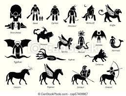 Interactions with animals shaped the world of the ancient people of the near east: Ancient Greek Mythology Monsters And Creatures Characters Icon Set Vector Set Illustrations Of Ancient Fantasy Greek Canstock