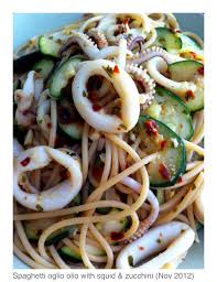 Spaghetti Oglio Olio With Squid Zucchini Heat Evoo Cook Crushed Garlic Squid Zucchini Add Chili Flakes Mixed Herbs A Dash O Olio Recipe Food Cooking