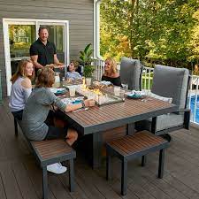 Fire pit tables come in different styles including patio tables with fire pits, dining tables, coffee tables, rectangular tables, round tables and square tables depending on your preferences. Kenwood Linear Dining Height Gas Fire Pit Table