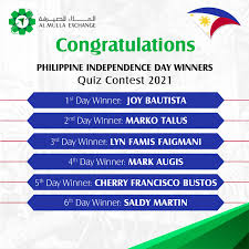 The philippines is famous for a great number of reasons and it is also a popular tourist spot. Al Mulla Exchange Ø§Ù„Ù…Ù„Ø§ Ù„Ù„ØµÙŠØ±ÙØ© Congratulations To All The Winners Of Philippine Independence Day Daily Quiz Contest Winners Kindly Dm Us Your Contact Number To Claim Your Prize Thank