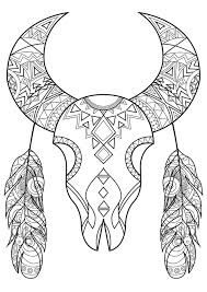 For very young children, just learning how to hold and control a pencil or crayon, we recommend coloring pages that have large sections of white and bold, defined lines. Bull Skull Native American Adult Coloring Pages