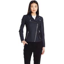 Calvin Klein Women S Faux Denim Moto Jacket 140 Liked On Polyvore Featuring Outerwear Denim Jacket Women Long Sleeve Denim Jacket Women S Coats Jackets