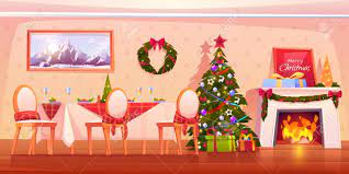 Living room with red sofa, bookcase, torchere, vase, plant, paintings and see cartoon living room stock video clips. Family Christmas Dinner Empty Interior Cartoon Vector Illustration Living Room With Served Festive Table Decorated Fir Tree And Fireplace With Garland Gift Box And Burning Fire Holiday Background Royalty Free Cliparts Vectors