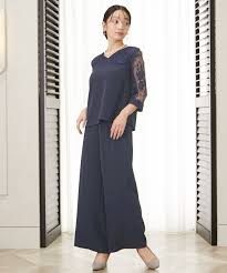 【結婚式・パーティードレス】レースブラウス＋ワイドパンツセットアップドレス＜大きいサイズ有＞