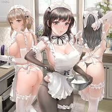 sideboob, cleavage, ass, dark hair, long hair, chowbie, partially clothed,  anime, anime girls, thigh-highs, black pantyhose, kitchen, cooking, no bra,  panties, maid outfit, artwork, apron, white apron, naked apron | 2048x2048  Wallpaper -