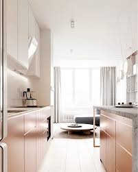 Rose Gold Breakfast Bar With Upper White Cabinets And A Thin Strip Of Light Illuminates The Prep Area House Interior Pastel House Pastel Interior Design