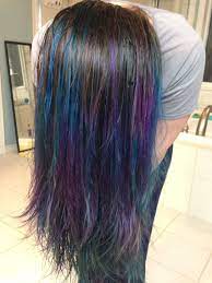 Purple And Blue Balayage Dip Dye On Brunette Hair Hair Color Blue Purple Dip Dye Blue Dip Dye Hair