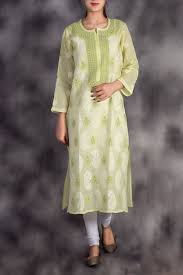 This combination blends natural greens and blues with a feminine, pink accent. Buy Hand Embroidered Lemon Yellow Lucknowi Chikan Kurti Cotton Ga250650 Www Maanacreation Com