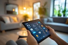 Living room with smart lighting controlled by a tablet.