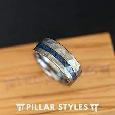 Silver Hammered Ring Mens Wedding Band Tungsten Ring 8mm Blue Wooden Rings For Men Rings Mens Wedding Bands Mens Wedding Bands Hammered Mens Wedding Bands Tungsten