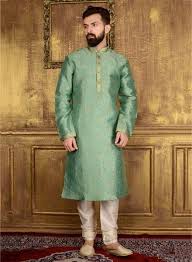 Cream Green Art Silk Self Design Party Wear Kurta Pajama N17166 Https Www Gravity Fashion Com Wedding Kurta For Men Mens Party Wear How To Wear