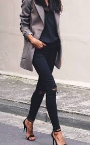 How To Wear A Black Blazer With Jeans And Heels Heels With Black Ripped Skinny Jeans And Grey Jacket Ripped Jeans Heels Street Fashion Fashion Fall Fashion Coats Street Style