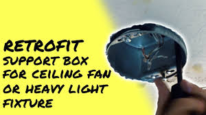 Hi, i removed an old ceiling fan and have another one to install, the previous owners just punched a hole in the ceiling and dropped the wires down. Install A Ceiling Fan Retrofit Junction Box Support A Heavy Light Fixture Youtube