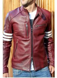 New Men Biker Jacket Maroon Retro Slim Fit Motorcycle Genuine Leather Jacket Fashion Clothing Shoe Leather Jacket Men Striped Leather Jacket Leather Jacket