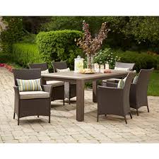 Hampton Bay Tacana 7 Piece Wicker Outdoor Dining Set With Beige Cushions Frs50421hp St The Home Depot Outdoor Dining Set Beige Cushions Outdoor Dining