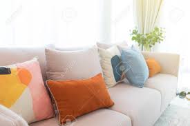 Most relevant best selling latest uploads. Cozy White Sofa With Colorful Suede Pillows In Modern Living Room Lizenzfreie Fotos Bilder Und Stock Fotografie Image 153908349