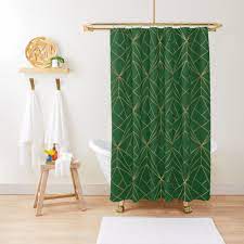Green Gold Geometric Pattern Shower Curtain By Koovox Green Shower Curtains Green Comforter Bedroom Patterned Shower Curtain