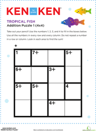 A program inspired by a particular tough 6x6 puzzle that appeared * on thursday, may 11, 2016, which tom duff and i could not appear to * get the answer to during our lunch hour. Tropical Fish Kenken Puzzle Worksheet Education Com Math Math Facts Addition And Subtraction