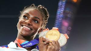 Dina wears dress and sandals by gabrielahearst.com ; British Sprint Queen Asher Smith Has Historical Perspective France 24