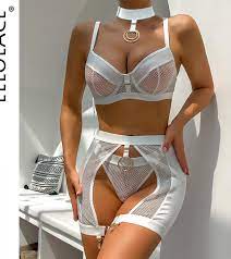 US$26.05-Ellolace Fine Lingerie Fancy Underwear Uncensored Mesh Transparent  Bra Thongs Garters Luxury Exotic Sets 4piece Outfit -Description