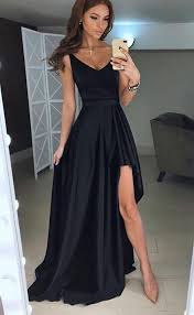Elegant A Line V Neck Open Back Split Black Satin Long Prom Dresses With Pockets Formal Evening Dresses Simple Prom Dress Long Simple Evening Gown Prom Party Dresses