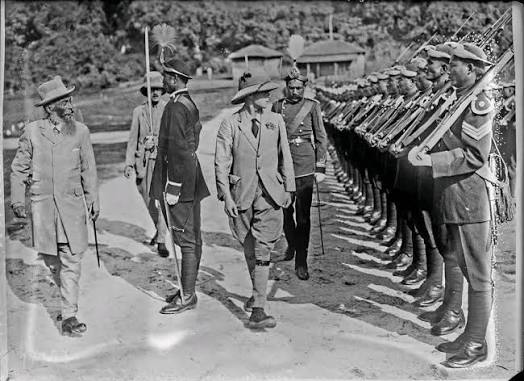 The Prince of Wales and his prize tiger that he shot on his hunting expedition into the Himalayas, Nepal, January 29, 1922. From left. Lord Cromer, Sir Lionel Halsey, The Prince of