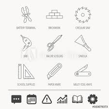 Paper Knife Spatula And Scissors Icons Circular Saw