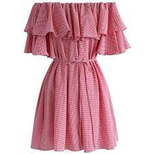 Chicwish Wavy Gingham Off Shoulder Dress In Red Off Shoulder Dress Off Shoulder Cocktail Dress Red Bell Sleeve Dress