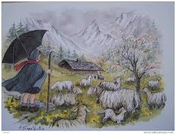 T50 Aquarelle Terra Vecchia Petite Bergere Sous Un Parapluie Troupeau Aquarelle Contes Et Legendes Montagne