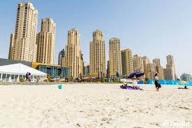 The Empty Beach At Jbr Dubai With The Jbr Buildings In The Background Dubai Beach Marina Beach Beach Background