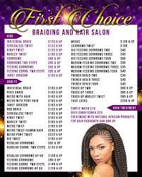 ● save time and easily. Price List First Choice Hair Braiding